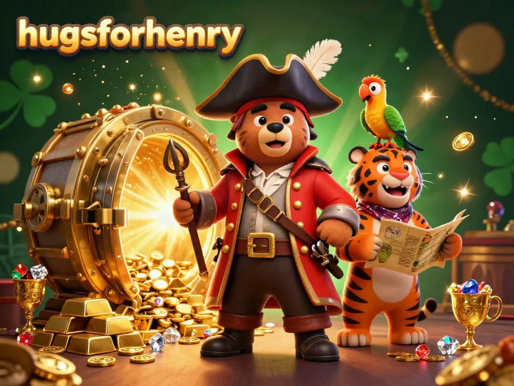 Experience the thrill of winning with hugsforhenry in this vibrant 3D casino scene featuring a cartoon pirate captain bear and his fierce tiger first mate.