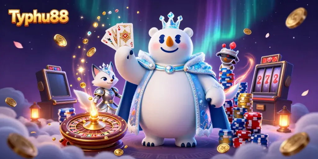 Engage with Typhu88, featuring a royal bear and fox amidst dynamic casino elements.