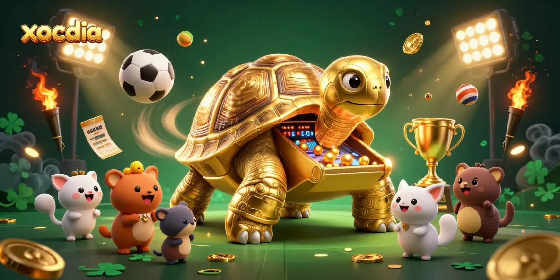 Xocdia showcases a vibrant 3D casino scene with a golden tortoise pinball machine and animated sports themes.