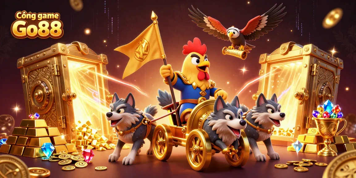 Cổng game Go88 features a vibrant scene with a rooster warlord and gold treasures amidst dynamic casino elements.