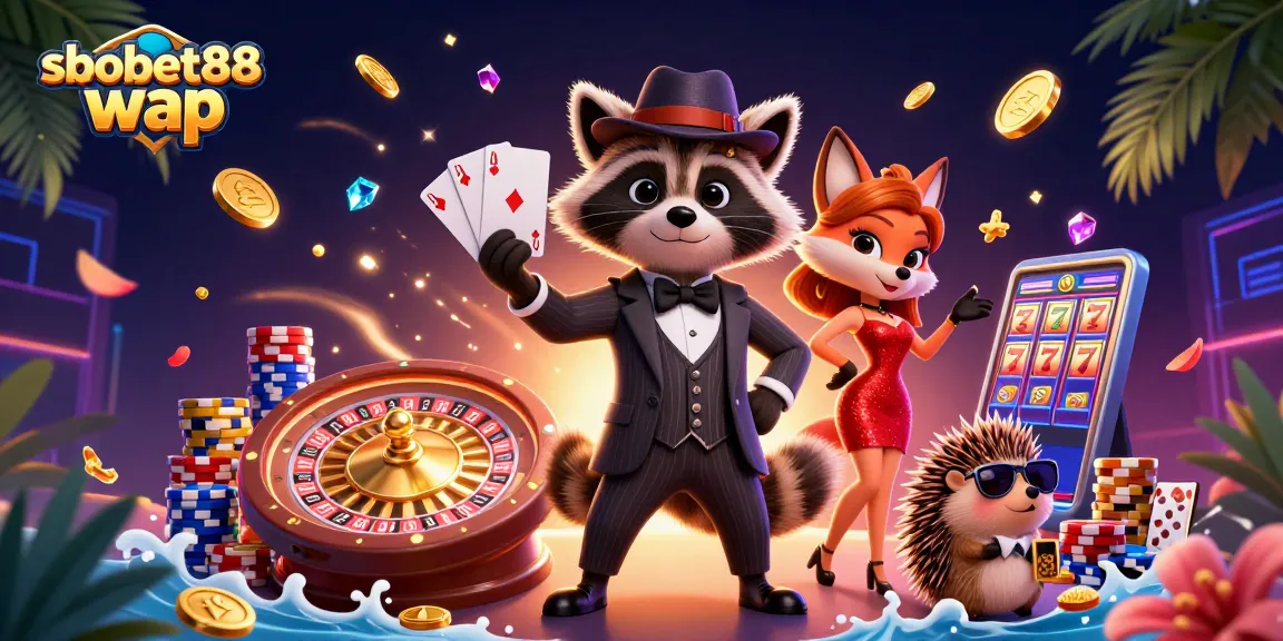 Join the excitement of sbobet88 wap betting with a raccoon holding a royal flush, fox companion, and dynamic gaming elements.