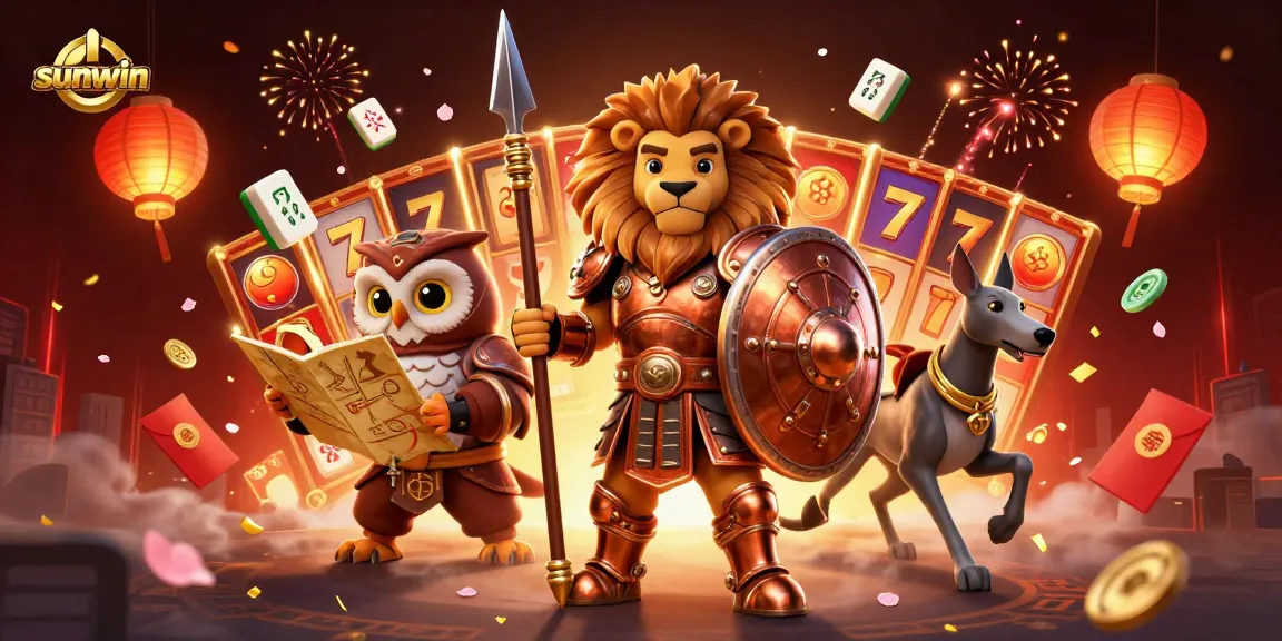 Immerse in the sunwin experience with a dynamic 3D Spartan lion and vibrant gaming elements.