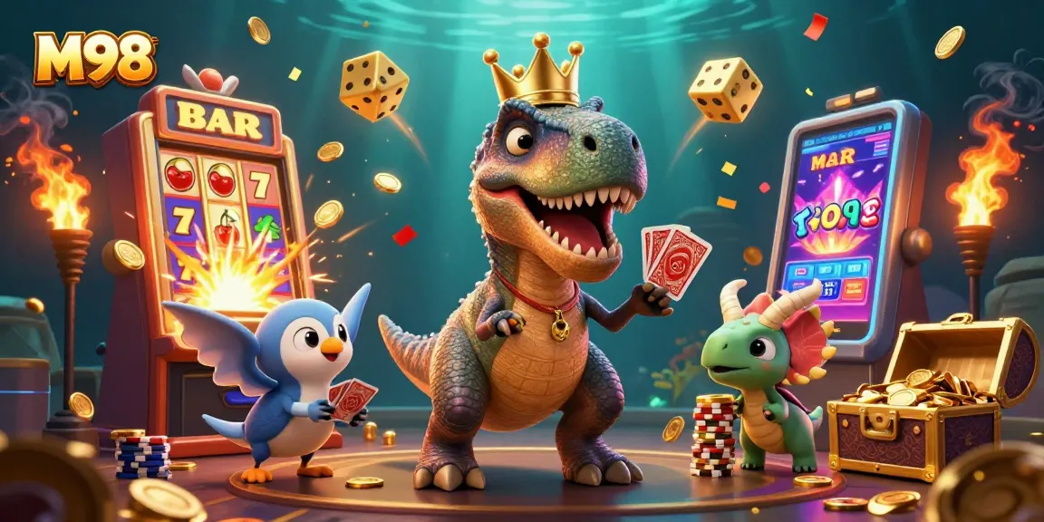 M98 players enjoying a colorful casino scene with a friendly T-Rex shuffling cards, baby triceratops, and bursting slot machine.