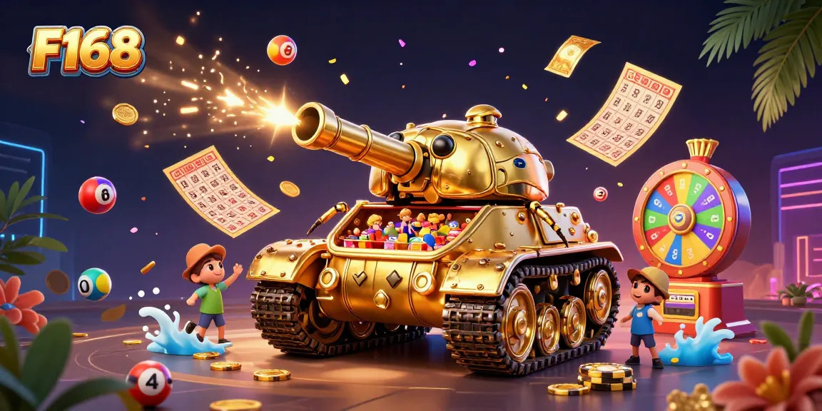 Experience the thrill of F168 with a vibrant, action-packed casino scene showcasing games, confetti, and golden elements.
